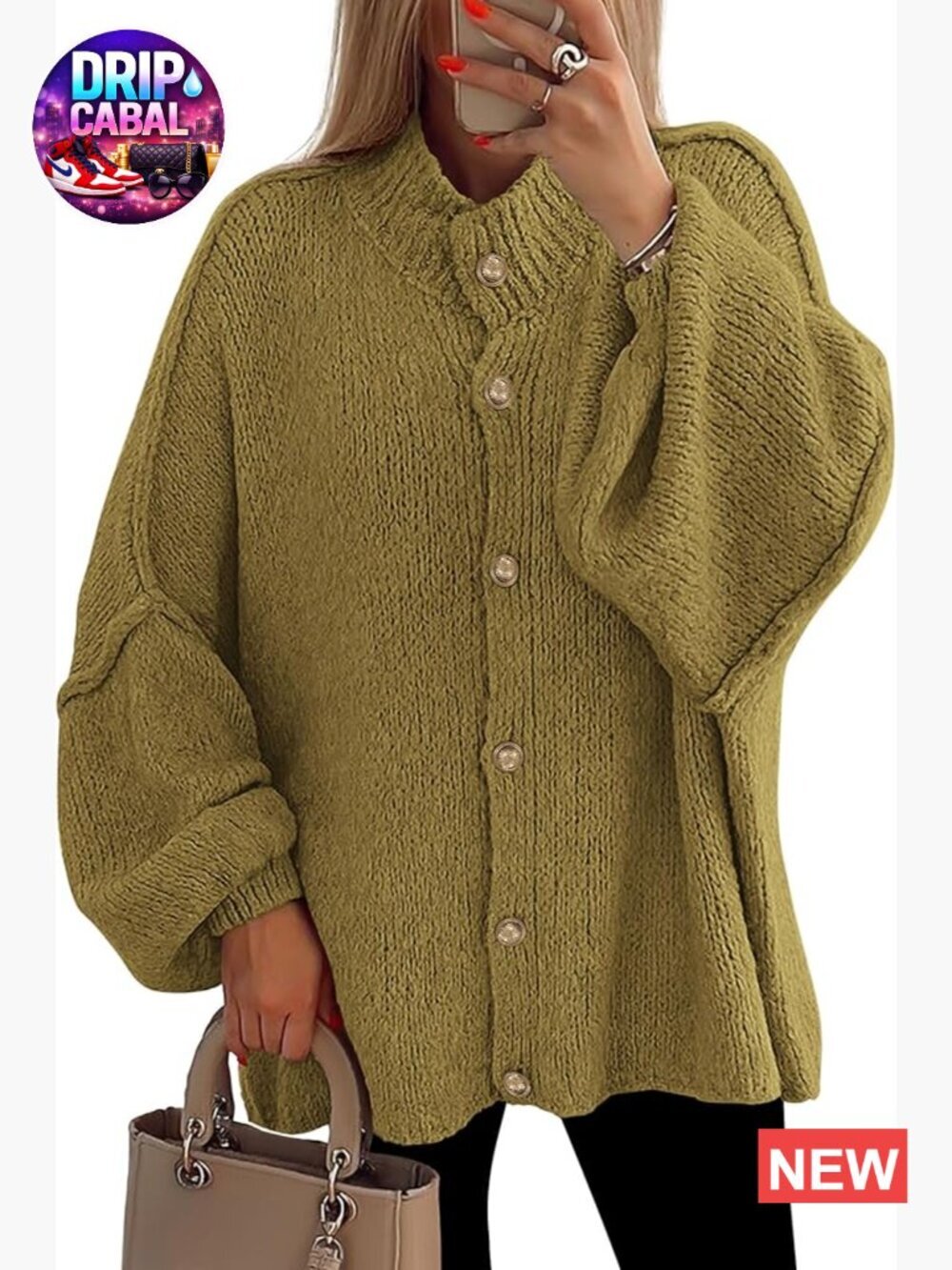 Mock Neck Lantern Sleeve Chunky Knit Cardigan Sweater